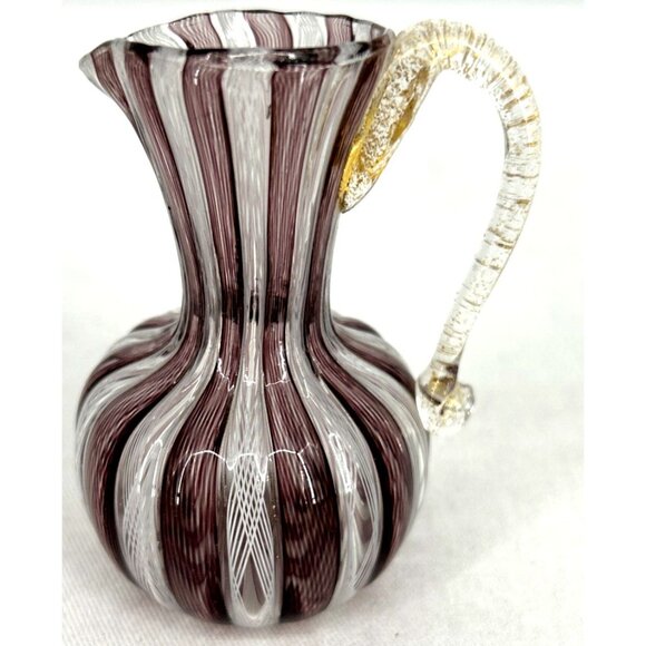 Murano Latticino Ribbon Petite Pitcher Vase Handle Purple White Gold 3" Tall - Picture 2 of 7